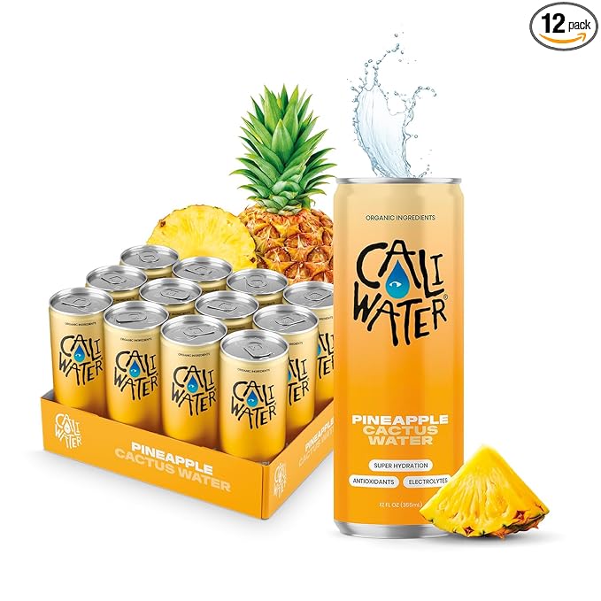Caliwater - Organic Cactus Water - Pineapple - 5g Sugar, 35 Calories - Coconut Water Alternative - Natural Plant Based Hydration - Skin Care, Electrolyte Drinks - Flavored Water Beverages - 12 Cans - Bloomnest