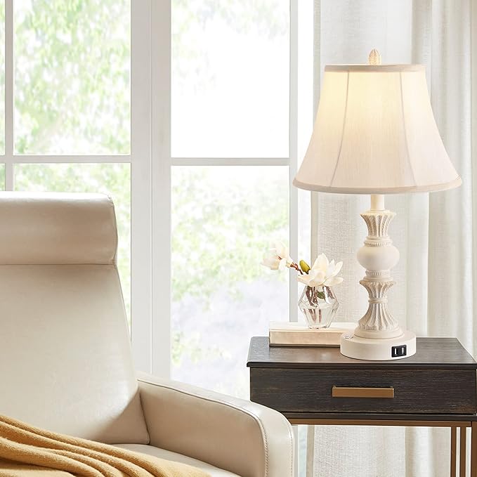 Touch Control Table Lamp Set of 2, 3-Way Dimmable Bedside Lamp with 2 USB Charging Ports, French Country Style Nightstand Lamps with Faux Silk Shade for Living Room, Bedroom - Antique White - Bloomnest