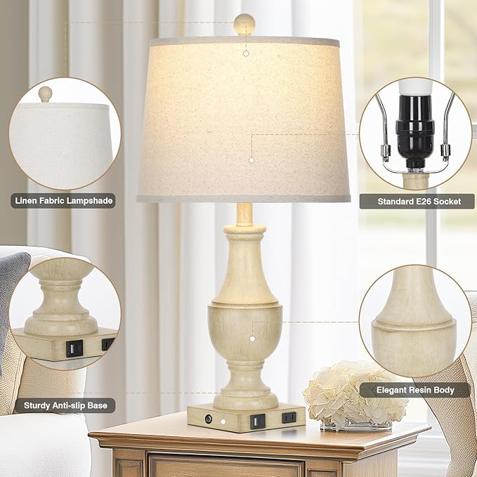 Farmhouse Lamps Set of 2, Vintage Rustic 3-Way Dimmable Touch Control Table Lamp with USB A+C Charging Ports & AC Outlet, Retro Resin Bedside Lamp Linen Shade for Bedroom Office Antique White - Bloomnest