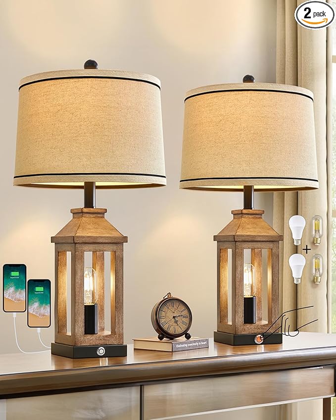 23.75" Farmhouse Dual USB Charging Ports 3-Way Dimmable Touch Control Table Lamp with Nightlight Vintage Modern Lamps for Living Room Bedroom - Bloomnest