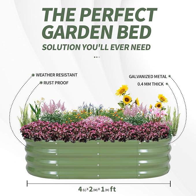 1MORE Galvanized Raised Garden Bed- Planter Garden Boxes Outdoor, Raised Beds for Gardening, 4x2x1ft Metal Garden Bed Kit for Vegetables Flower, Planter Raised Beds with Tools.Green - Bloomnest