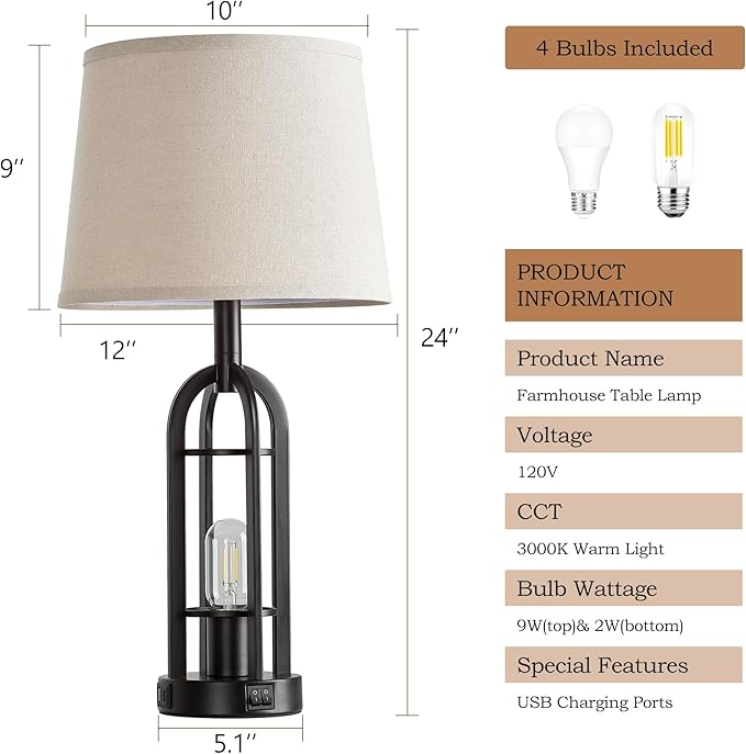 Black Table Lamps for Living Room Set of 2 - Farmhouse Lamps for Night Stands with USB A+C, Bedside Lamps for Bedroom, 24'' Industrial Lamp for Living Room End Tables - Bloomnest