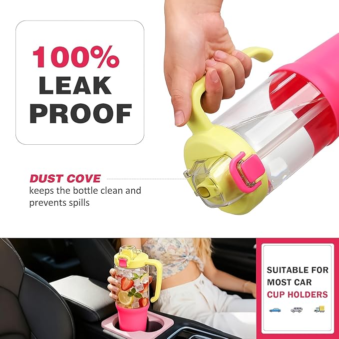 32 oz Glass Tumbler with Handle, 2-in-1 Straw and Sip Spout, Leakproof, BPA-Free Glass Water Bottle for Sports, Office, School, Bright Pink - Bloomnest