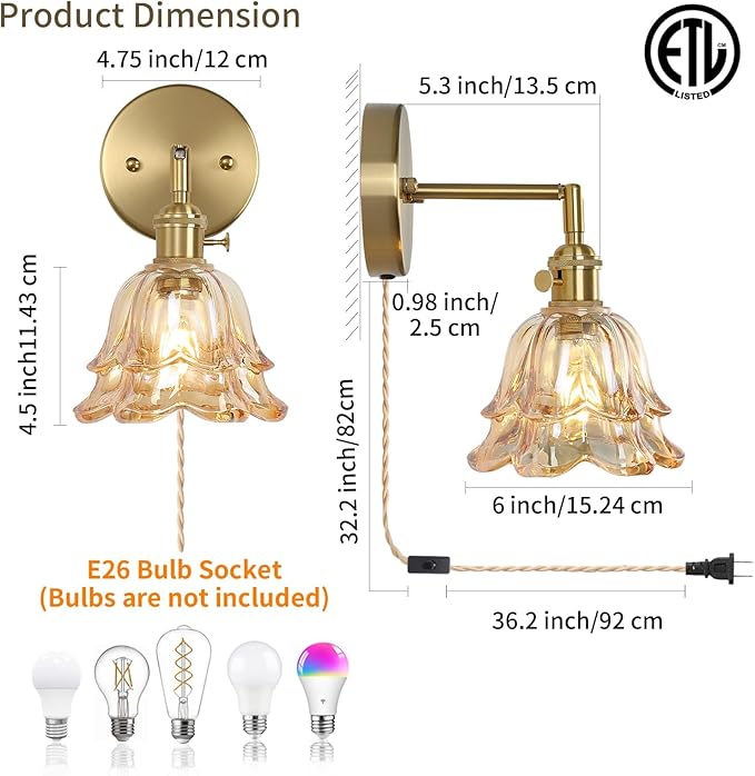 Vintage Plug in Wall Sconces Set of 2, Rose Amber Lampshade & 180 Degree Adjustable, Brass Wall Lights, for Bedroom Living Room Hallway Aisle, Bulbs Not Included, ETL Listed - Bloomnest