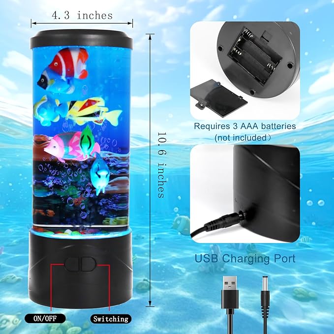 Toycol Bubble Fish Lamp, Ocean Theme Mini Aquaruim Light with 7-Color Changing, with 7 Fake Fish, USB Powered Night Light, Kids Room Decor, Great Gift for Children and Adults - Bloomnest