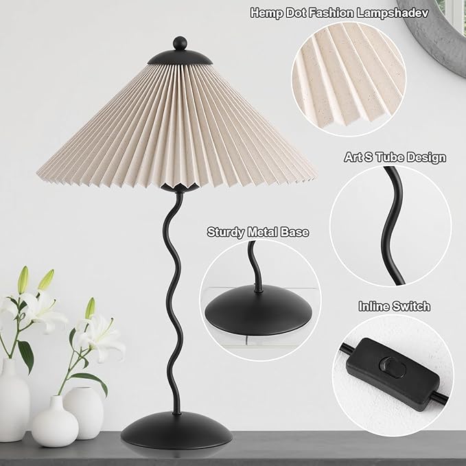 Pleated Table Lamp, S Tube Modern Table Lamp for Bedroom, Bedside Lamps with Organic Textured Linen Lampshade for Nightstand Bedroom Home Office Decor, Black - Bloomnest