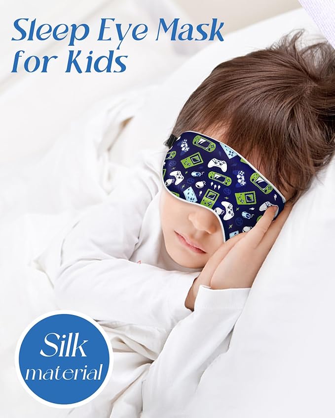 Sleep Mask for Kids - Cute Kawaii Cartoon Silk Sleeping Mask with Adjustable Strap Soft Smooth Light Eye Mask for Sleeping Silk Kids Eye Cover for Boys Girls Teens, BU Green Game - Bloomnest