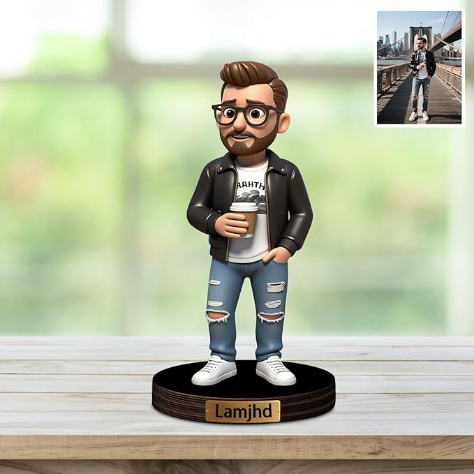 Custom Travel Photo Cartoon Style Desk Decor with Wooden Base, Personalzied Cartoon Photo Picture Portrait Sculpture Frame Acrylic Sign Plaque Gifts for Women Men Family - Bloomnest