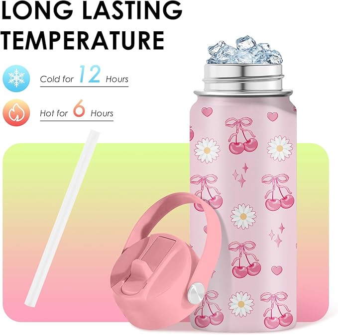 Cherry Gifts for Kids - 16oz Pink Kids Water Bottle with Straw Lid, Stainless Steel Insulated Tumbler, Leakproof, BPA-Free, for Girls, School, Travel - Cherry Lovers Children Birthday Gift Cup (1pc) - Bloomnest