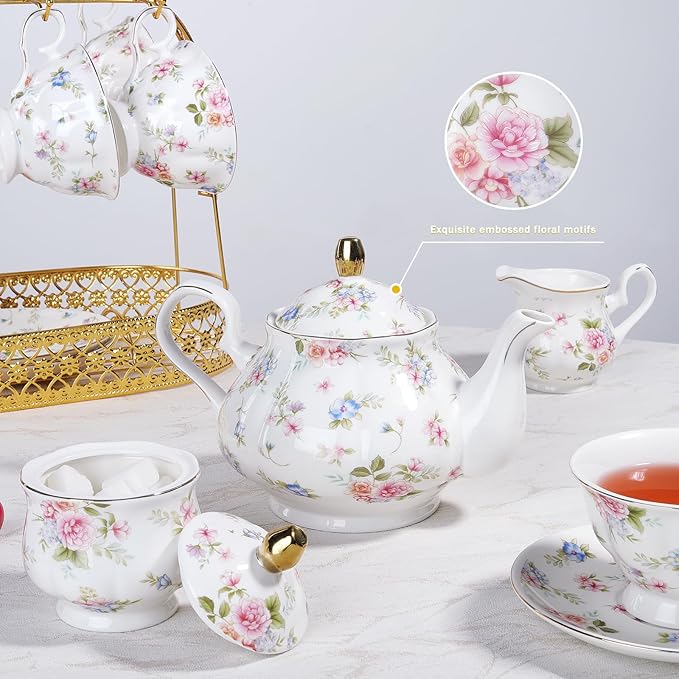 fanquare 21 Pieces Pink Blue Floral Porcelain Tea Set with Gold Trim, British Style Coffee Set for Adults, Vintage Romantic Gift Tea Sets for Wedding, Birthday, Women Tea Party - Bloomnest