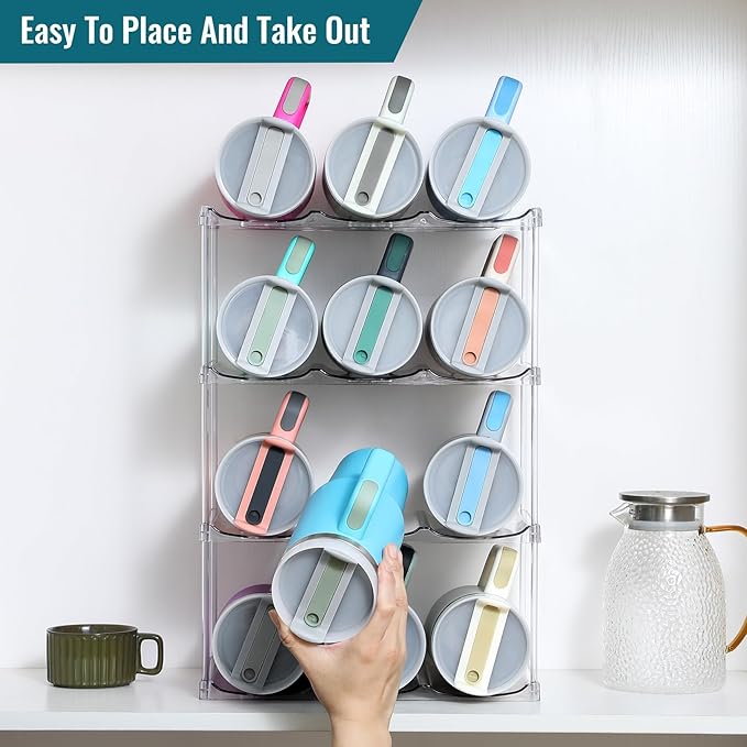 Design for Stanley 40 OZ & Large Bottles & Tumblers with Handle, Acrylic Water Bottle Organizer - Stackable Clear Wine Rack, Cup Holder for Home Kitchen Pantry Shelf Countertop Cabinet, 4 Tier Hold 12 MakeLifeBetterEasier
