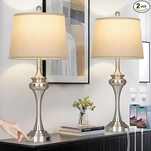30" Silver Table Lamps Set of 2, 3 Way Touch Control Living Room Lamp with USB A+C Ports, Modern Brushed Nickel Bedroom Lamps, Tall Metal Bedside Lamp for Nightstand Desk Side Table Office - Bloomnest