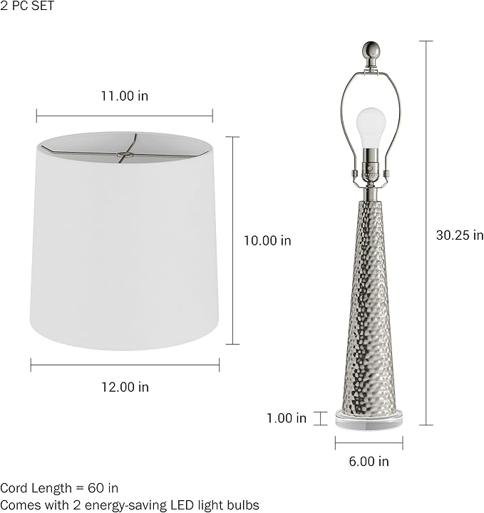 Table Lamps - Set of 2 Contemporary Hammered Glass Lights for Bedroom, Living Room, and Office with Energy-Efficient LED Bulbs by Lavish Home (Silver) - Bloomnest