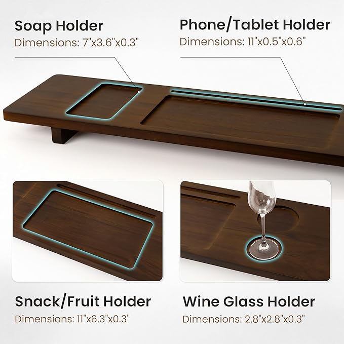 Teak Bathtub Tray - Wood Bath Caddy Tray 35" for Large Tubs - Adjustable Bathtub Table Trays - Luxury Shower Organizer for Home Spa Relaxation and Reading - Dark Walnut Color - Bloomnest