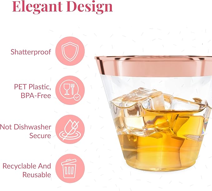 Prestee 200 Rose Gold Plastic Cups, 9oz – Elegant Hard Disposable Tumblers for Wine, Cocktails & Beverages – Clear Plastic Cups with Rose Gold Rim – Bulk Party Drinkware for Weddings, Holidays & Event - Bloomnest