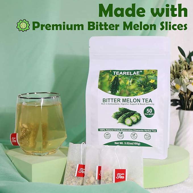 TEARELAE - Bitter Melon Tea Bags - 2g x 50 Count - 100% Pure Natural Cut & Sifted Dried Momordica Charantia Slices Herbal Tea - Non-GMO - Caffeine-free - Pleasantly Bitter Flavor - Bloomnest