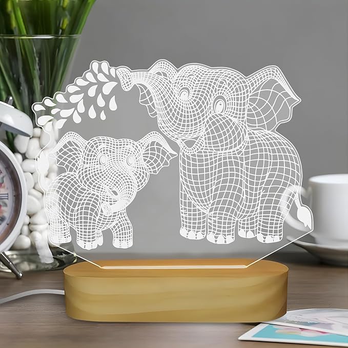 Elephant Shape 3D Crystal Acrylic Light Base with Wood Stand, LED Light for Kids Room Decor, Gift for Mom on Birthday or Holiday, Home Décor Art Display - Bloomnest