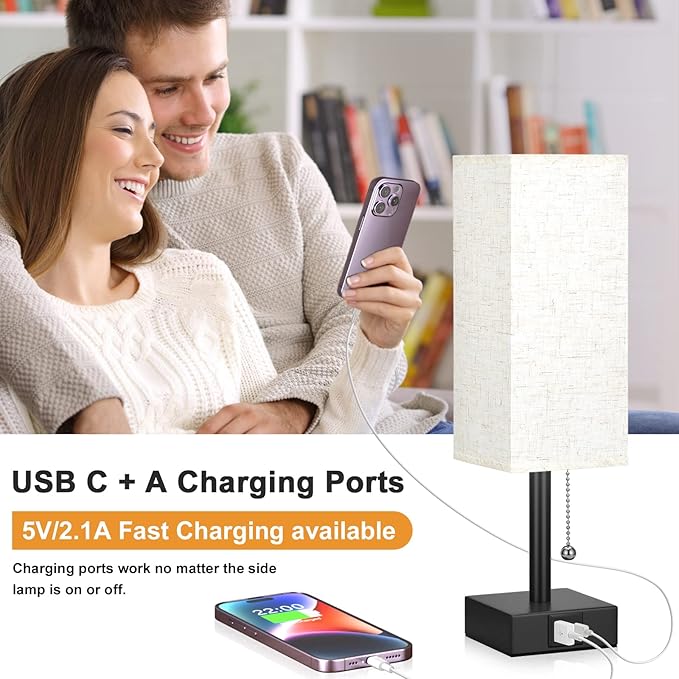 Bedside Table Lamp with 3 Color Temperatures - 3000/4000/5000K Small Lamp with USB C+A Ports, Nightstand Lamp with 3 Color Modes by Pull Chain, Bedroom Lamp for Living Read Work(LED Bulb Included) - Bloomnest