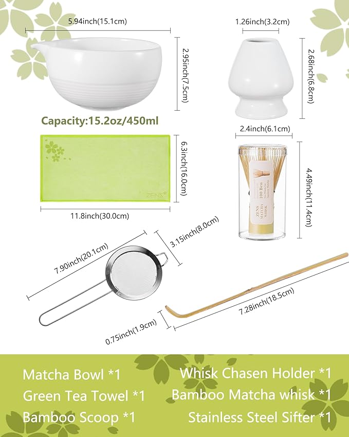 ZENS Matcha Whisk Set, 6pcs Matcha Kit Includes Ceramic Bowl, Handcrafted Bamboo Whisk and Chasen Holder, Scoop, 304 Sifter & Tea Mat，Matcha Set for Tea Ceremony,Latte Making, White - Bloomnest