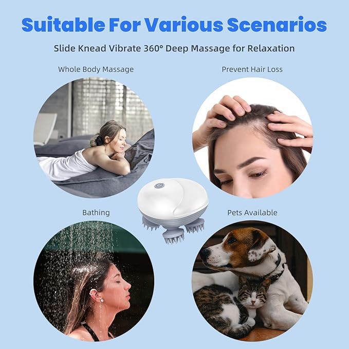 Upgraded Electric Scalp Massager for Men Women, Handheld Cat Dog Pet Head Massager with 4 Massage Heads, 3 Speeds, Waterproof Massager for Soothing Muscles Joints, Hair Growth, Stress Relax Bloomnest