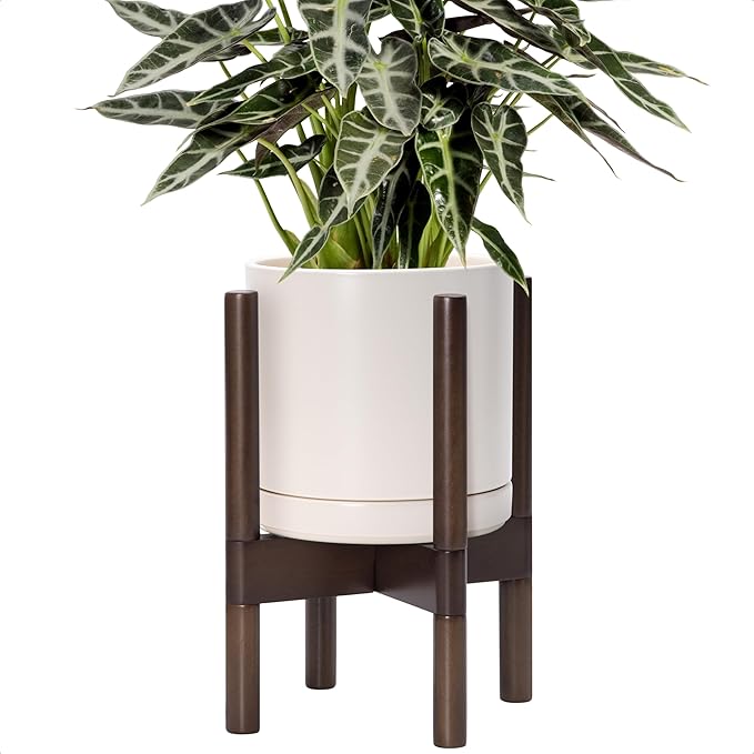 D'vine Dev Ceramic Planter with Walnut Color Stand - 8 Inch Modern Round Flower Pot with Wood Planter Holder, Oatmeal, 55-B-Y-8 - Bloomnest