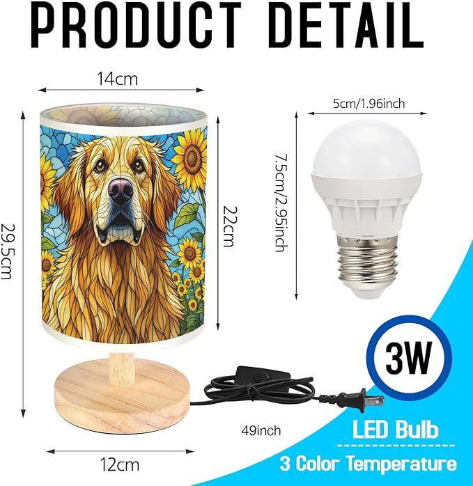 Golden Retriever Table Lamp LED 3-Color Pressed Bedside, Dog Shade Lamp with Wood Base for Bedroom Living Room Desk Office - Bloomnest