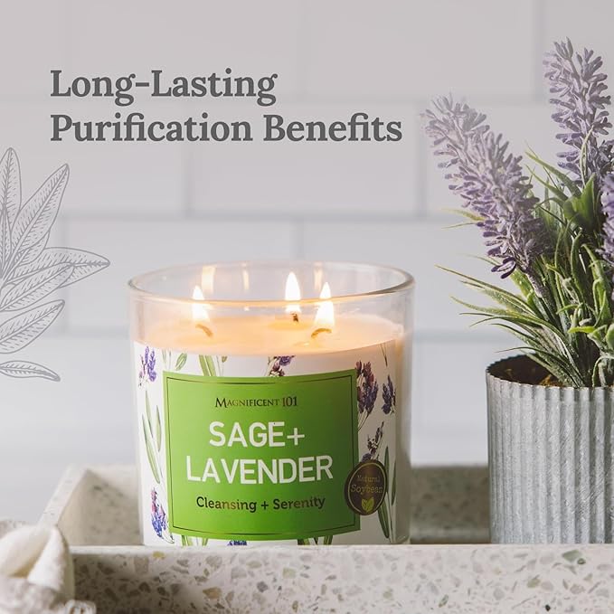 MAGNIFICENT 101 Long Lasting Lavender Sage Scented Smudge Candle - 14 oz - 56 Hour Burn Time - Natural Soy Wax Candle for House Energy Cleansing & Manifestation Magnificent101