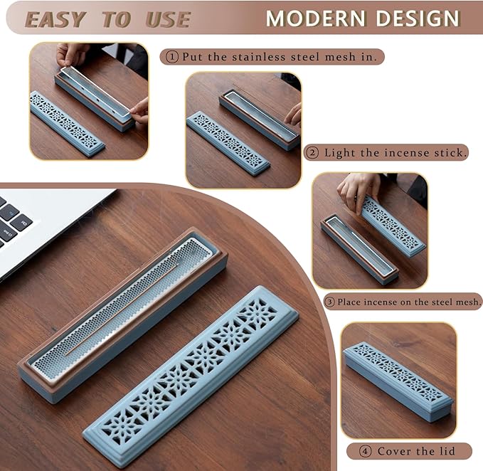 CEREMONY Incense Holder,Ceramic Incense Holder for Sticks with Ash Catcher,Coffin Style Incense Box,Incense Burner for Meditation Yoga Spa Room Decor(Blue)