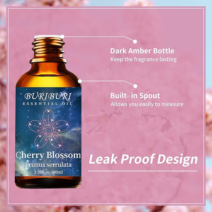 BURIBURI Cherry Blossom Essential Oil for Aromatherapy Diffuser, Skin, 100% Pure Cherry Blossom Oil 100ML for Candle, Soap, Perfume Making Cherry Fragrance Oil 3.38fl.oz BURIBURI