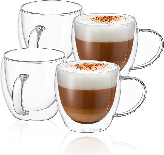 CNGLASS 8.5oz Glass Coffee Mug,Double Wall Insulated Glass Mugs with Handle,Clear Espresso Mugs for Latte,Cappuccino,Tea Bag,Set of 4 - Bloomnest