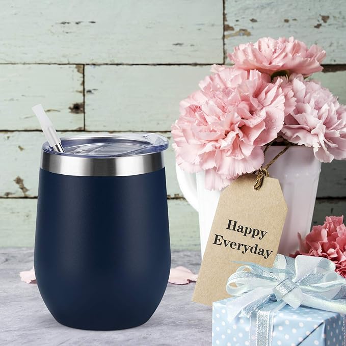 8 Pack 12Oz Stainless Steel Wine Tumblers, Insulated Wine Tumbler, Double Wall Insulated Wine Glass, Stainless Steel Stemless Wine Cups with Lids for Coffee, Wine, Cocktails, Champaign, Navy Blue… - Bloomnest