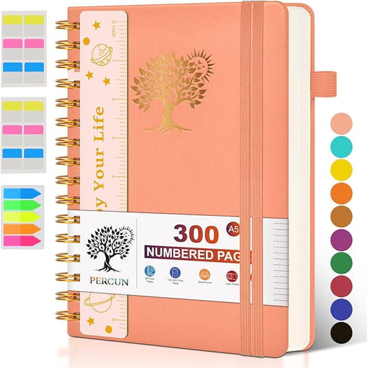 Spiral Notebook Journal for Women Men, 300 Numbered Lined Pages, College Ruled, A5 Hardcover Spiral Bound Notebook for School, Work, Note Taking Writing, Leather Spiral Journal Medium 5.9"x8.5" - Bloomnest