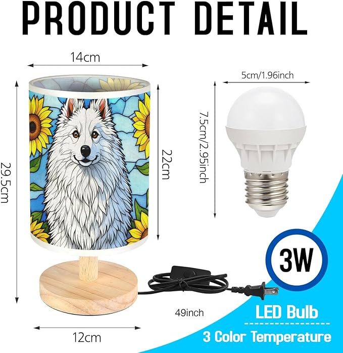 American Eskimo Table Lamp LED 3-Color Pressed Bedside, Dog Shade Lamp with Wood Base for Bedroom Living Room Desk Office - Bloomnest
