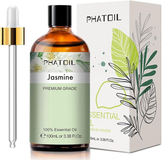 PHATOIL 3.38FL.OZ Jasmine Essential Oil with Glass Dropper, for Aromatherapy Diffusers, Humidifiers, Great for DIY Candle and Soap Making, Huge 100ML Bottle PHATOIL
