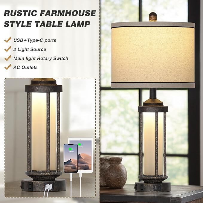 27" Industrial Farmhouse Table Lamp, Vintage Rustic Beside Lamp with USB A+C Charging Ports & AC Outlet, Modern Single Table Lamp with Frosted Glass Night Light for Bedrooms Nightstand Bronze - Bloomnest