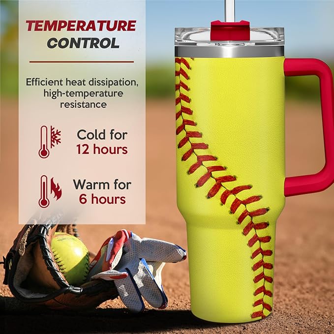 SANDJEST Softball Tumbler with Handle 40oz, Insulated Stainless Steel Cup with Lid & Straw, Sports Lover Gift for Men, Coach, Player, Christmas, Birthday - Bloomnest