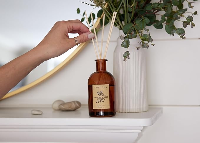 Craft & Kin Lily & Jasmine Diffuser Reed Diffuser | All Natural Essential Oil & 8 Rattan Scent Sticks | Reed Diffusers for Home, Bathroom | Long Lasting Home Fragrance in Amber Glass, 5.75oz CraftKin