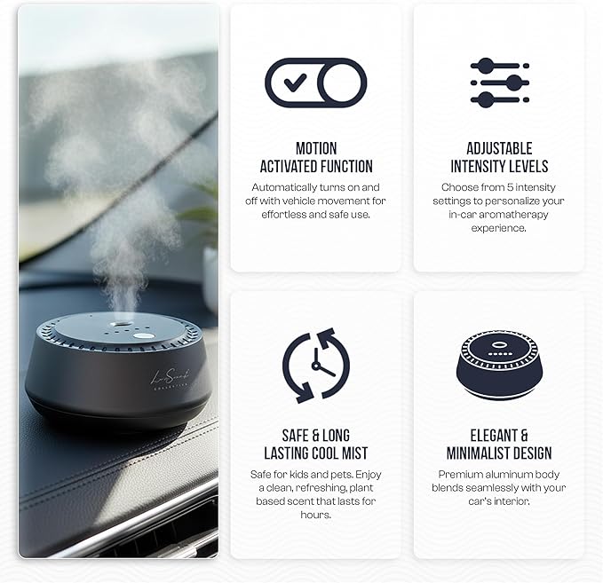 Smart Car Diffuser with 20ML Scent Oil Included - Car Air Freshener - Aromatherapy Diffuser - Portable, Compact, Cordless and Quiet Device - Deluxe Car Diffuser Luxscent Collection - Bloomnest