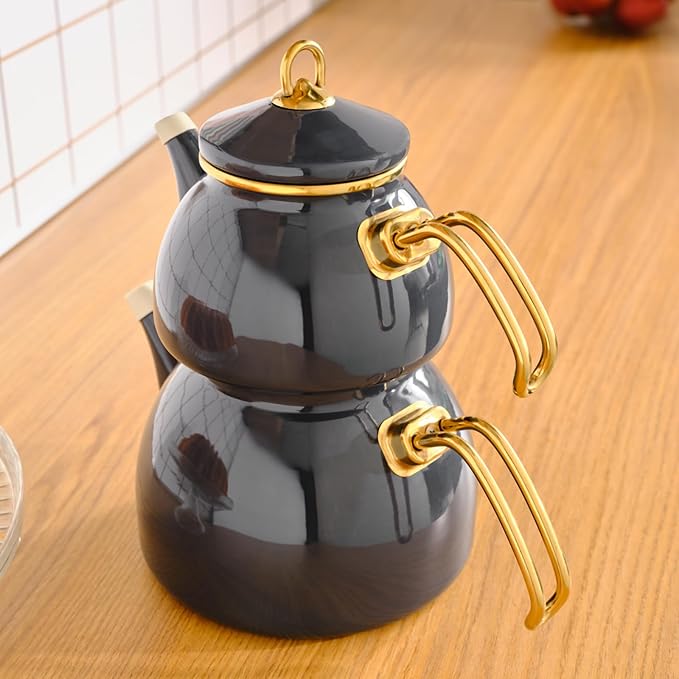 Karaca Retro Teapot Set Anthracite, Enamel, Teapot/Lid (1.1 lt, 2.4 lb), Tea Kettle (2.3 lt, 5 lb), Titanium Coated Handles, Suitable for Induction - Bloomnest