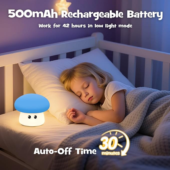 Squishy Big Eyes Mushroom Night Light with RGB Mode 3 Brightness Adjustable Nursery Breastfeeding Nightlight Cute LED Blue Mushroom Lamp Rechargeable Silicone Touch Bedside Lamp for Bedroom Dorm Decor - Bloomnest