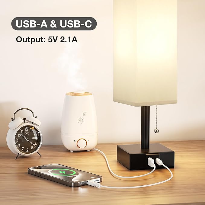 Gray Small Bedroom Lamp - 3 Color Temperature 3000K 5000K 4000K Bedside Lamp, Pull Chain Control, USB A and C Charging Ports, Black Base, for Kids Office Dorm, Bulb Included - Bloomnest