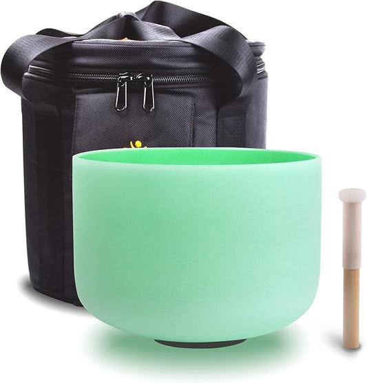 FMTY 10inch Green F Note Crystal Singing Bowl Heart Chakra with soft carrying case and Singing Mindfulness, Yoga, Spiritual and Body Healing and Energy Cleansing