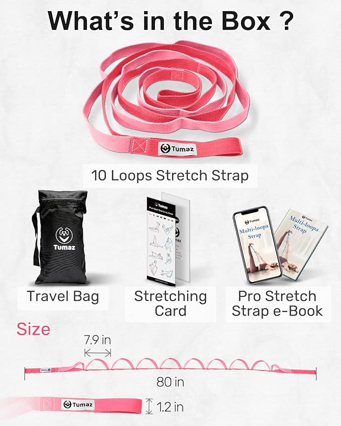Tumaz Stretching Strap - 10 Loops & Non-Elastic Yoga Strap - The Perfect Home Workout Stretch Strap for Physical Therapy, Yoga, Pilates, Flexibility - [Extra Thick, Durable, Soft] - Bloomnest