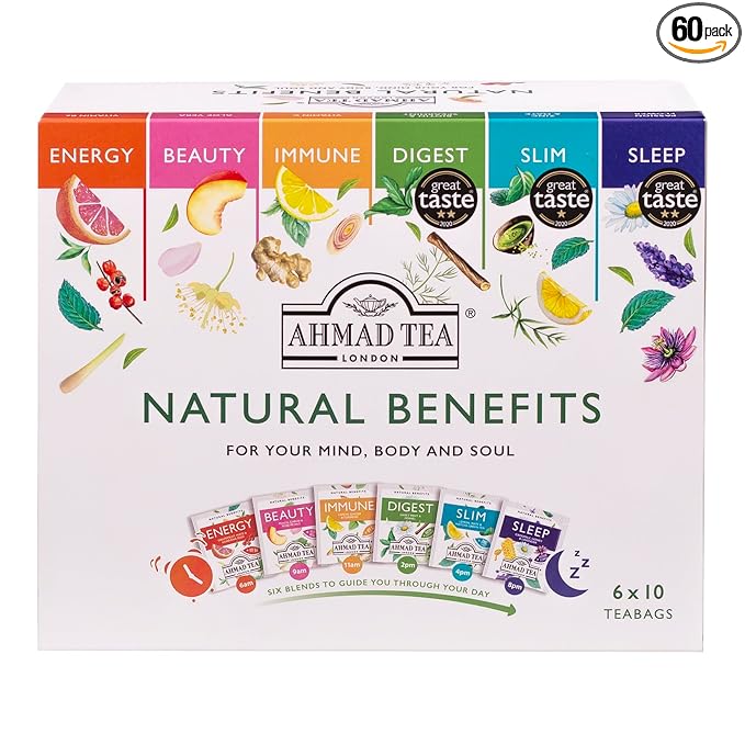 Ahmad Tea Natural Benefit Functional Tea Selection Pack | Green teas, Fruit & Herbal Infusions | Perfect herbal tea gift - 60 Teabag Sachets | 6 blends - Bloomnest