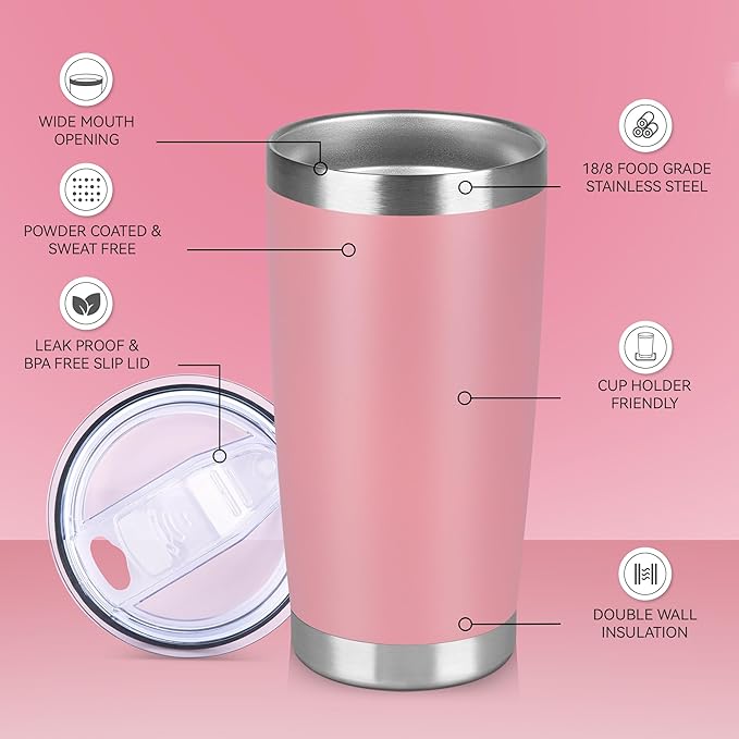 20 oz Tumbler Stainless Steel Tumblers Bulk with Lid Double Wall Insulated Coffee Tumbler Cups for Hot & Cold Drinks Powder Coated Travel Coffee Tumbler Mug Metal (Rose Pink, 1 pack) - Bloomnest