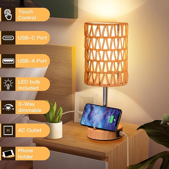 Rattan Table Lamps for Living Room, 3 Way Dimmable Touch Lamps, Small Bedside Lamps with LED Bulbs, Phone Stand, USB Ports and AC Outlet, Boho Nightstand Lamp for Bedroom Office (2 Pack Faux Wood) - Bloomnest