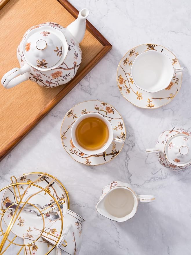 Jusalpha Fine China Bird Tree Pattern Coffee Cup/Teacup Set, 8 OZ Cups& Saucer Service for 4, with Teapot-Sugar Bowl-Cream Pitcher Teaspoons and tea strainer for Tea/Coffee, 17-Pieces (Bird Tree) - Bloomnest