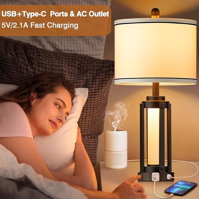 25" Modern Table Lamps Set of 2, Industrial Beside Lamps with USB A+C Charging Ports & AC Outlet, Nightstand Lamp with Glass Night Light for Living Room Bedroom End Table Decor White(4 Bulbs Included) - Bloomnest