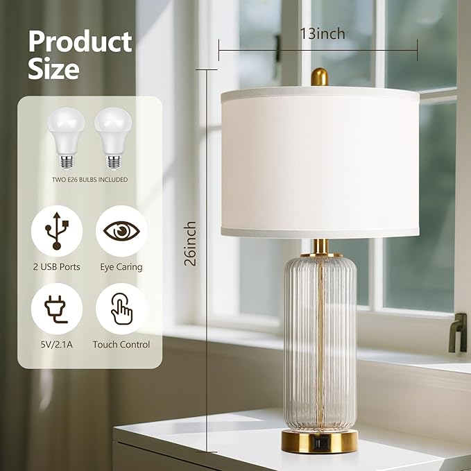 Table Lamps Set of 2 with Touch Control, 27" Modern Glass Bedside Lamps with USB A+C Ports, 3-Way Dimmable Nightstand Lamp with Vertical Grained Glass, Bedside Table Lamps, Desk Lamp for Bedroom - Bloomnest