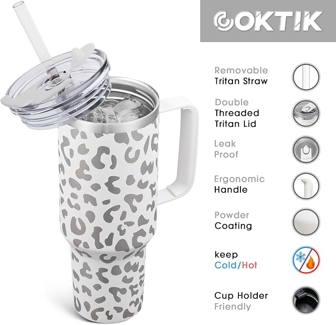 COKTIK 40 oz Tumbler With Handle and Straw Lid, Vacuum Insulated Travel Coffee Mug Stainless Steel Insulated Cup for Beverages, Leak-proof, Cupholder Friendly (Cream White Leopard) - Bloomnest